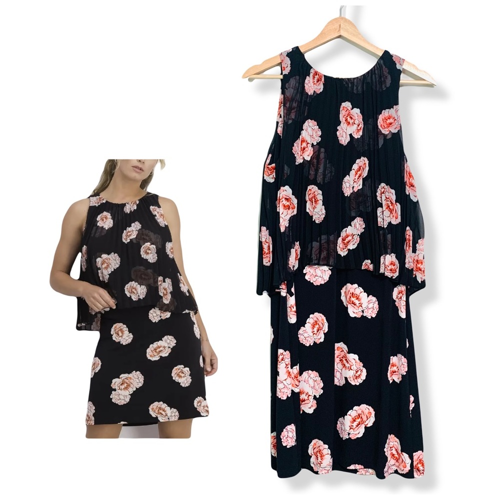 Tommy Hilfiger Black Pink Rose Print Jersey Chiffon Midi Dress Size 12 Y2K